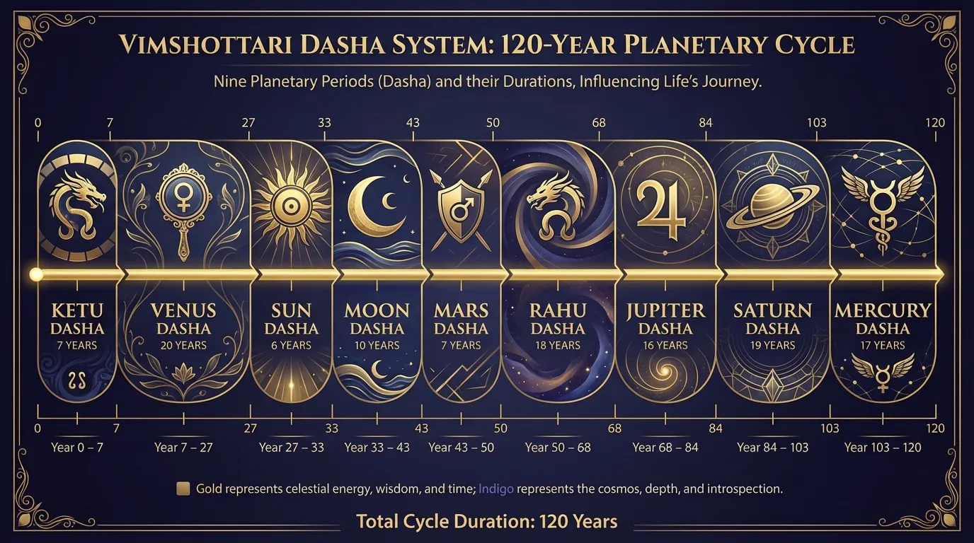 Vimshottari Dasha 120-year timeline showing 9 planetary periods