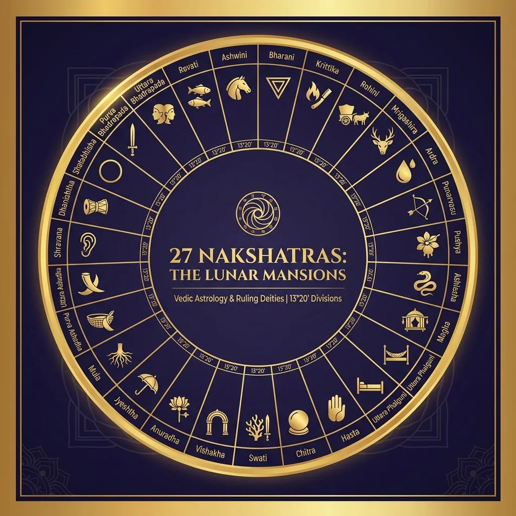 27 Nakshatras wheel showing lunar mansions in Vedic astrology