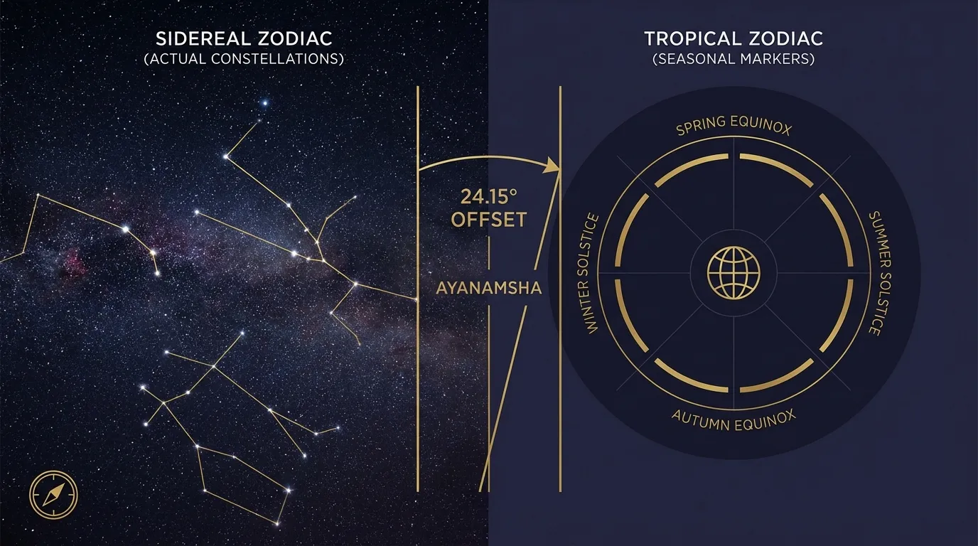 Sidereal zodiac vs tropical zodiac comparison showing 24.15 degree offset