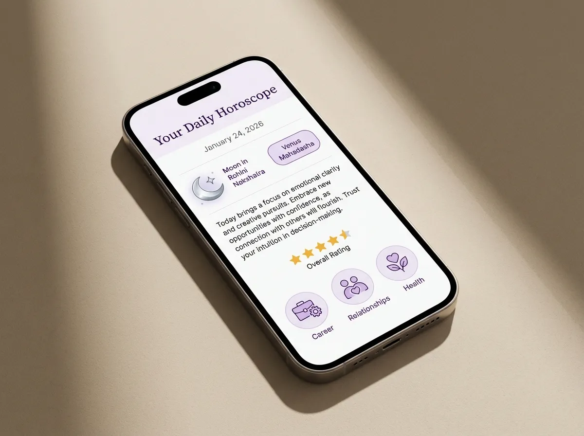 Personalized daily horoscope preview showing Moon in Rohini Nakshatra with Venus Mahadasha and life area guidance