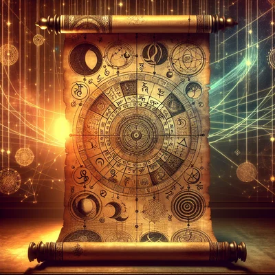 Vedic astrology overview showing cosmic elements and Sanskrit symbols
